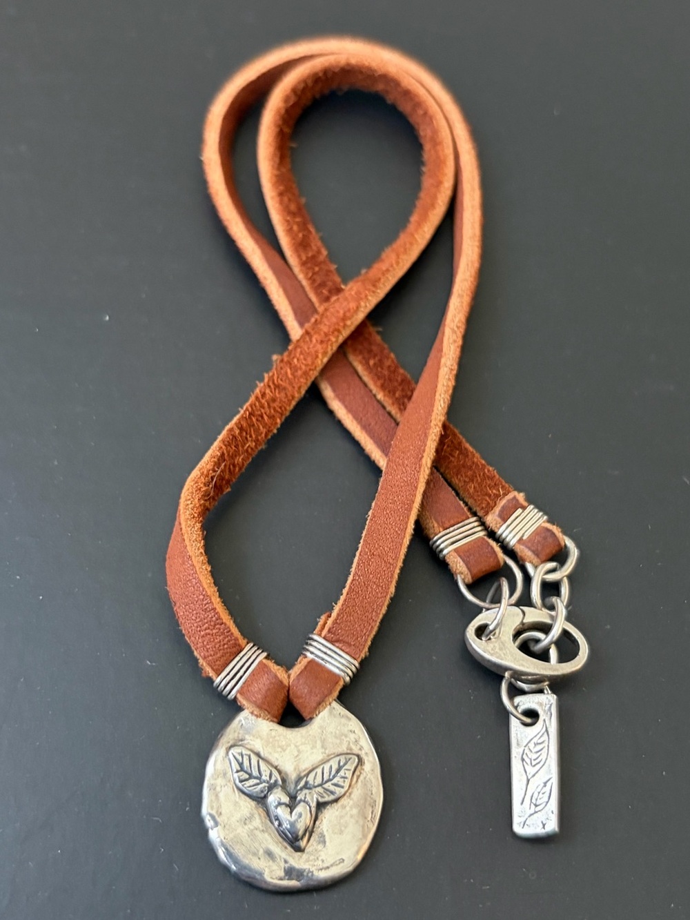 Jes MaHarry Winged double heart I LOVE YOU SS Deer Suede Necklace 17.5”-18”